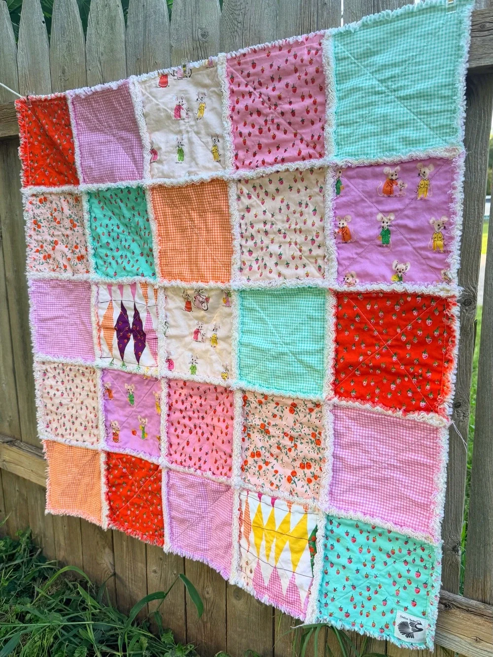 Handmade Baby Rag Quilt: Heather Ross Trixie Mice Baby Blanket